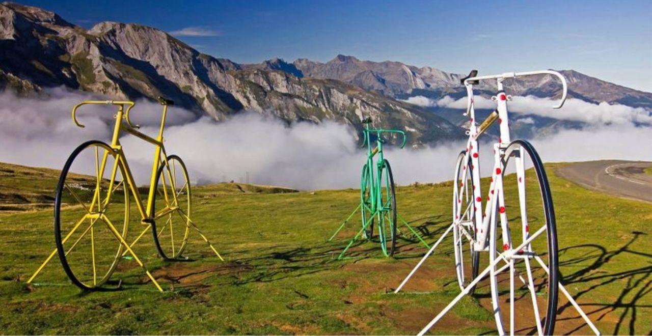 Three big bicycle at Aubisque Pass of the French Central Pyrenees