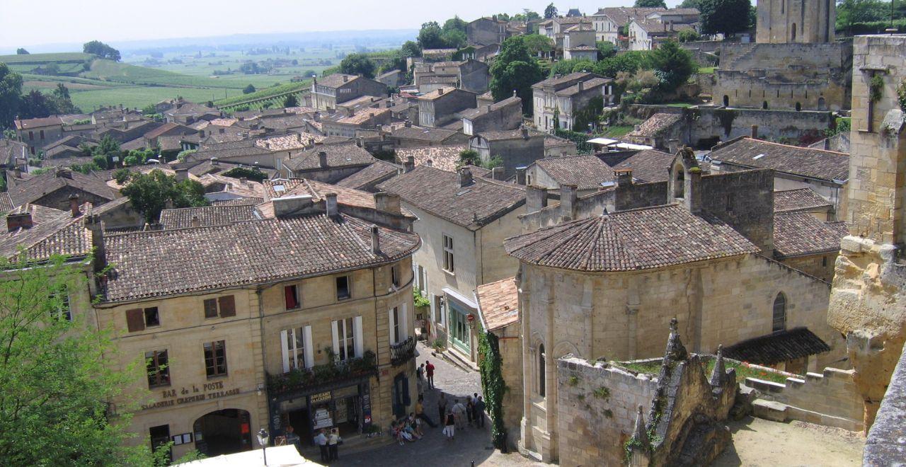 Aerial view of Saint-Émilion, a historic town with vineyards.