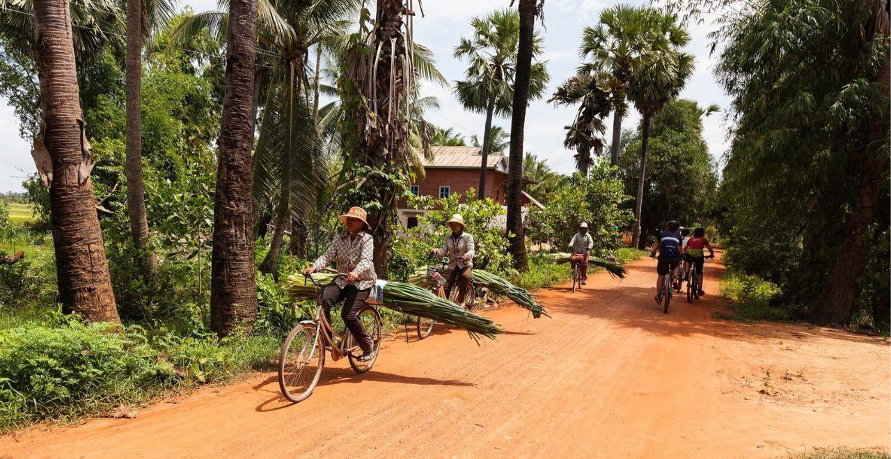 Local farmers and cyclists on a dirt road, palm trees around
