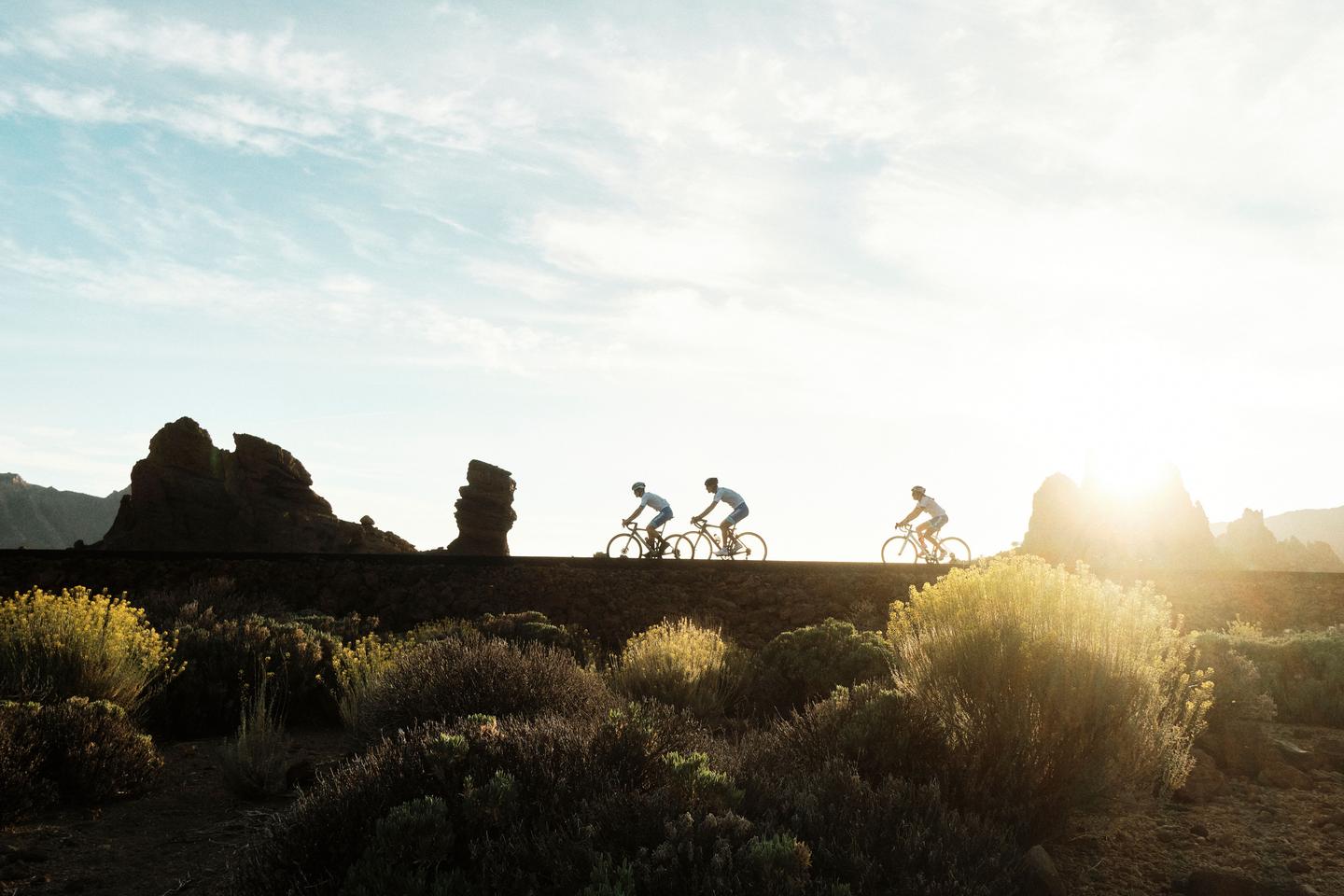 Three cyclists riding at sunrise with rock formations in the background and lush vegetation in the foreground.