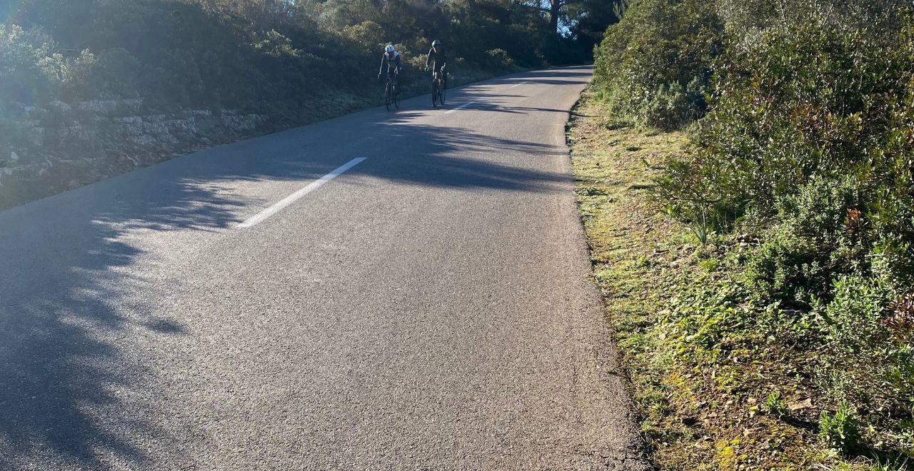 Two cyclists riding uphill on a sunlit road with greenery on both sides.