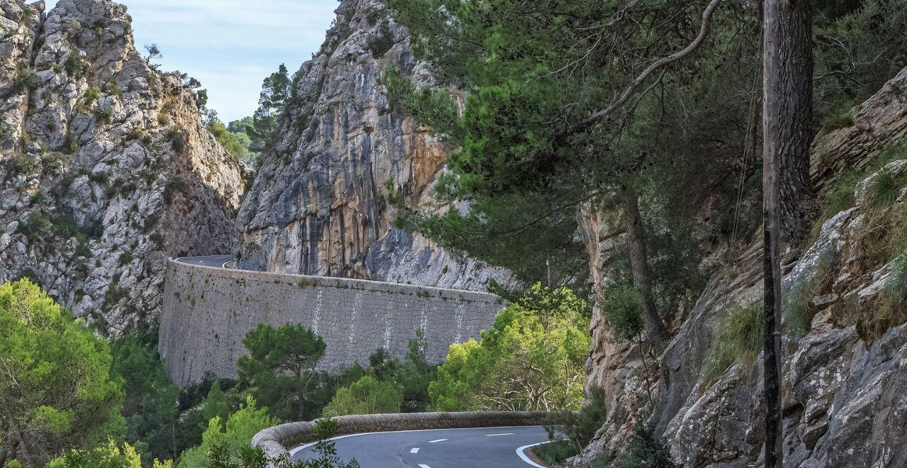 Winding road through rockface and trees in Mallorca