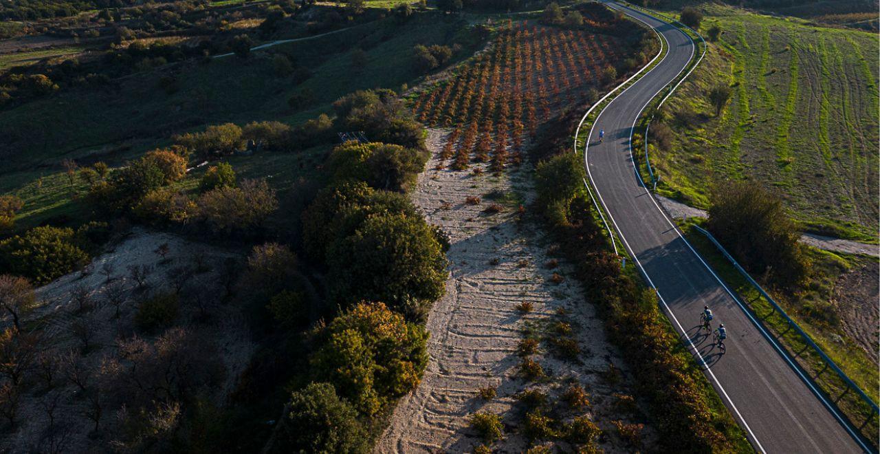 Cyclists ascending a scenic road flanked by lush hills and vibrant vineyards in Cyprus, perfect for cycling enthusiasts seeking picturesque routes