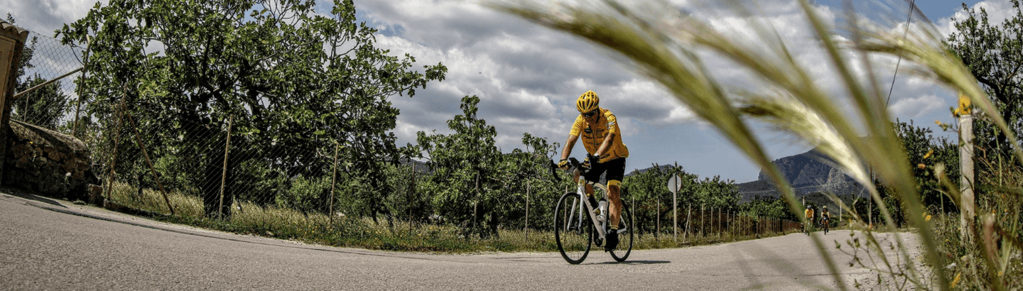 A cyclist rides along a rural road near Port Pollensa, Mallorca, surrounded by greenery and under a partly cloudy sky.