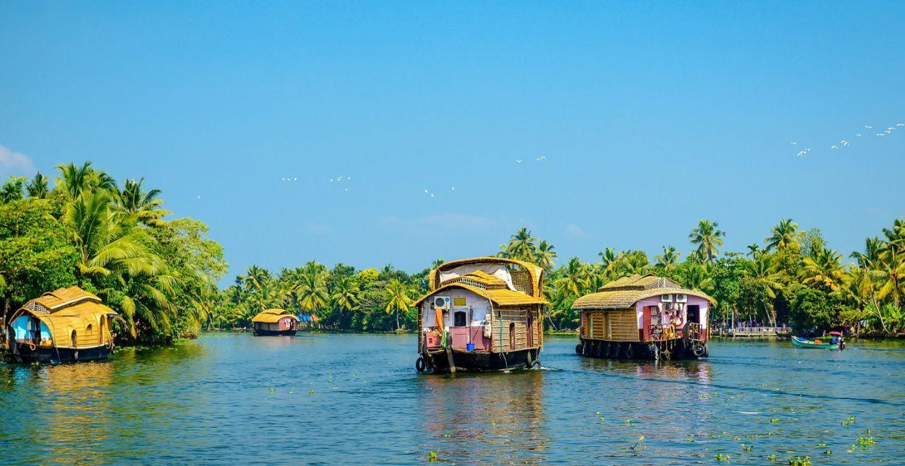 Traditional houseboats floating on Kerala backwaters under a clear blue sky.