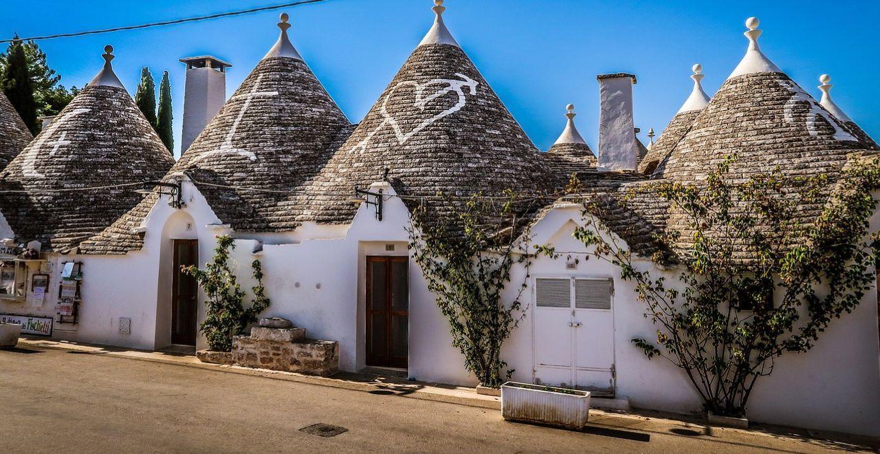 Traditional Trulli houses with conical roofs in a picturesque village