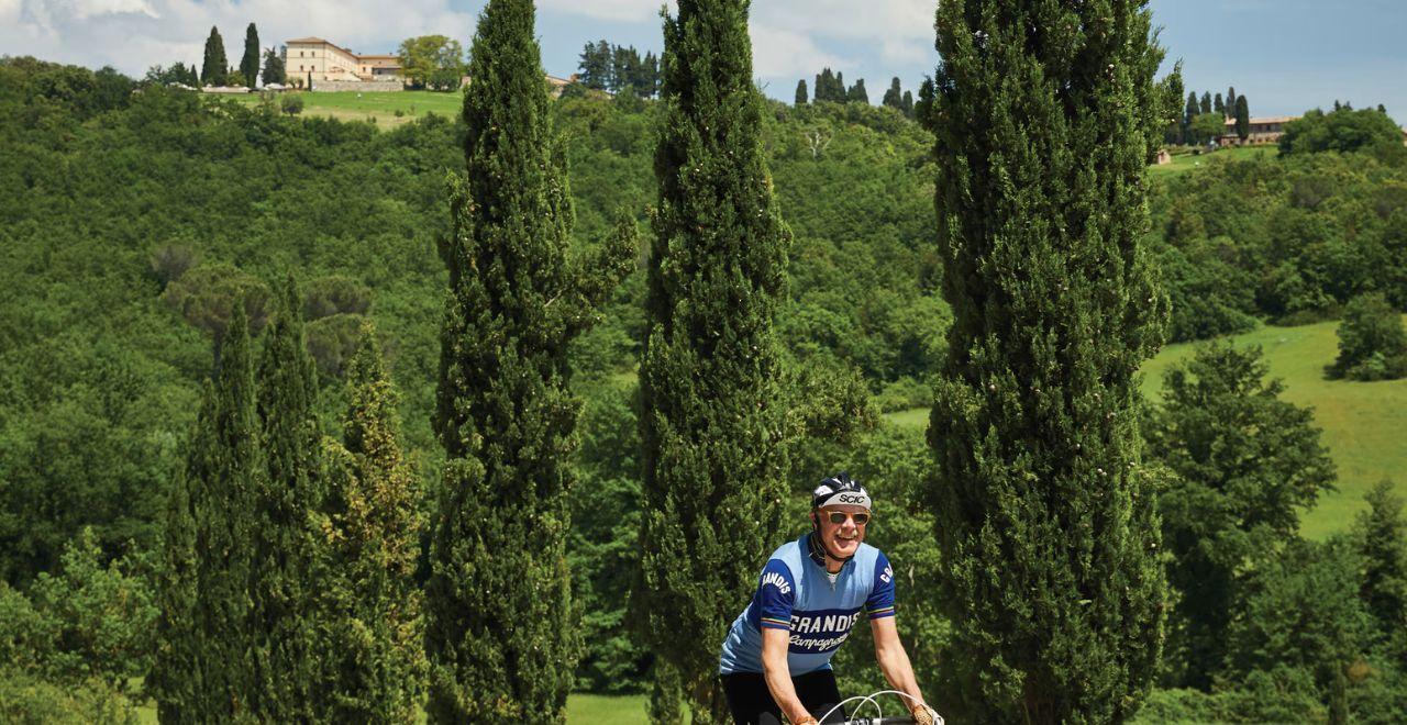 Cyclist riding through a forested hillside with cypress trees