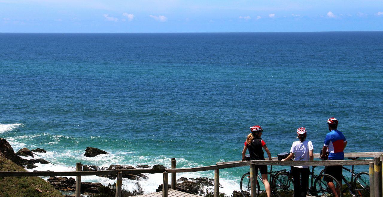 Three cyclists standing with their bikes at a wooden overlook, gazing at the vast blue ocean.