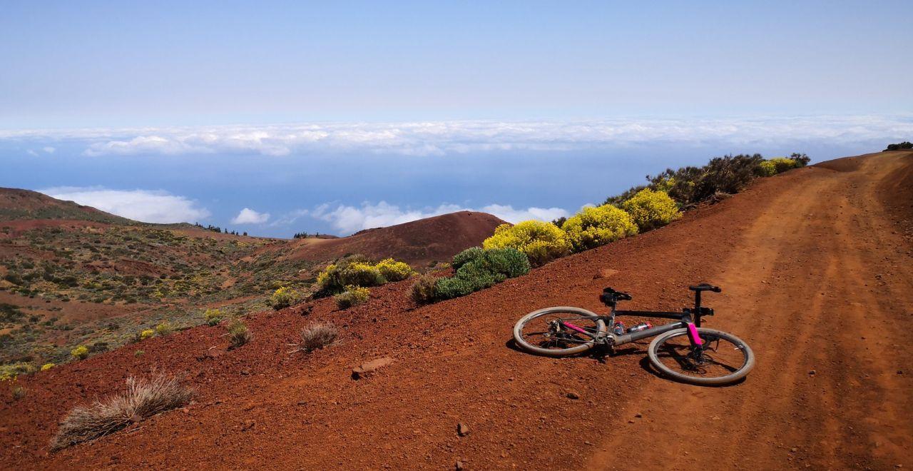 Gravel bike resting on a reddish-brown dirt path in Tenerife, overlooking a valley with yellow wildflowers and clouds below the horizon.