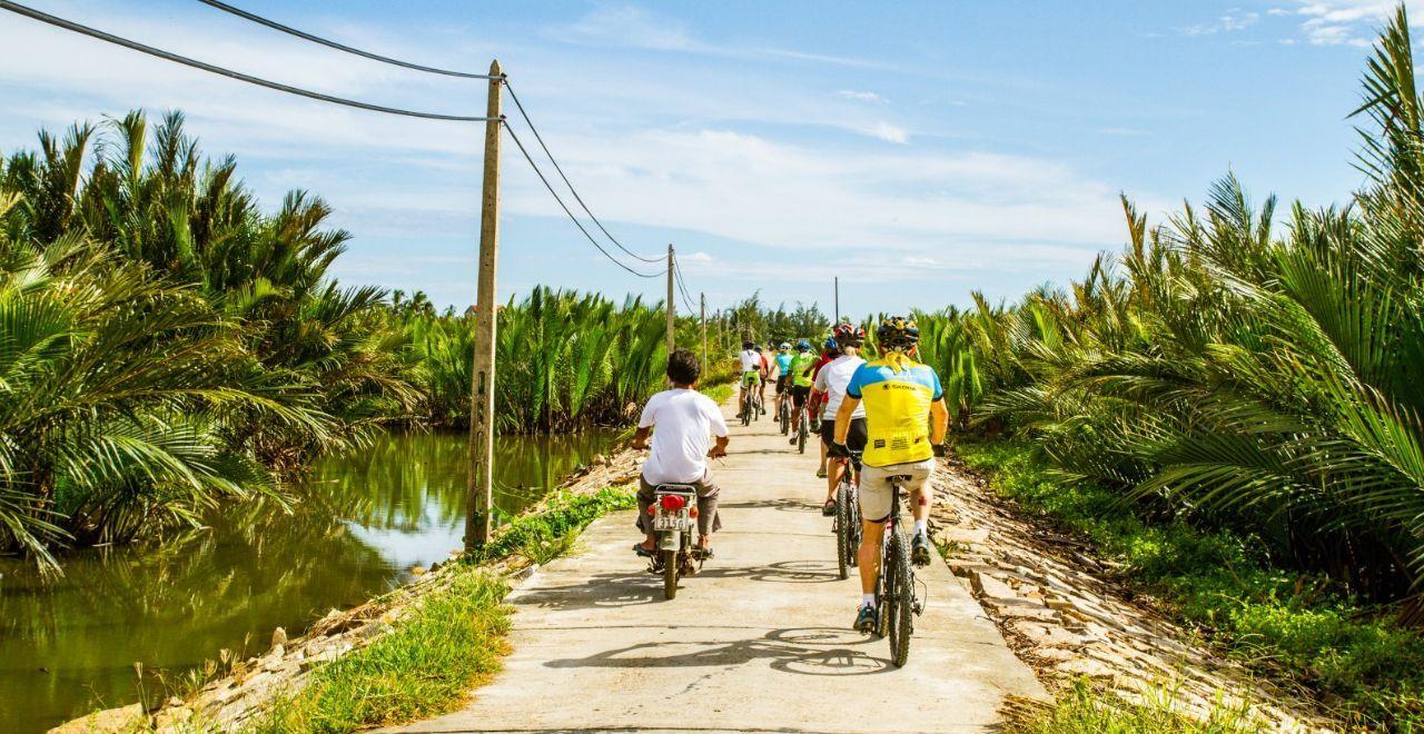 Cyclists on a scenic route through palm-lined pathways in Vietnam, embracing rural adventure with Love Velo.