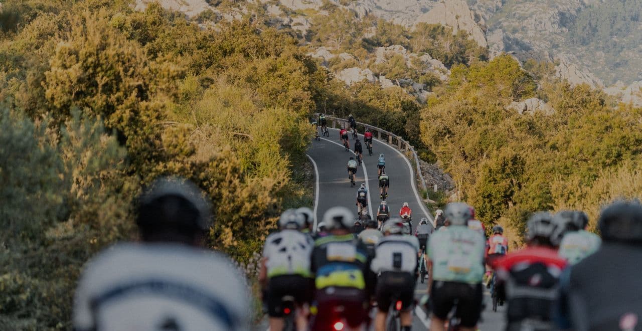Group of cyclists riding down a road in Mallorca during a race
