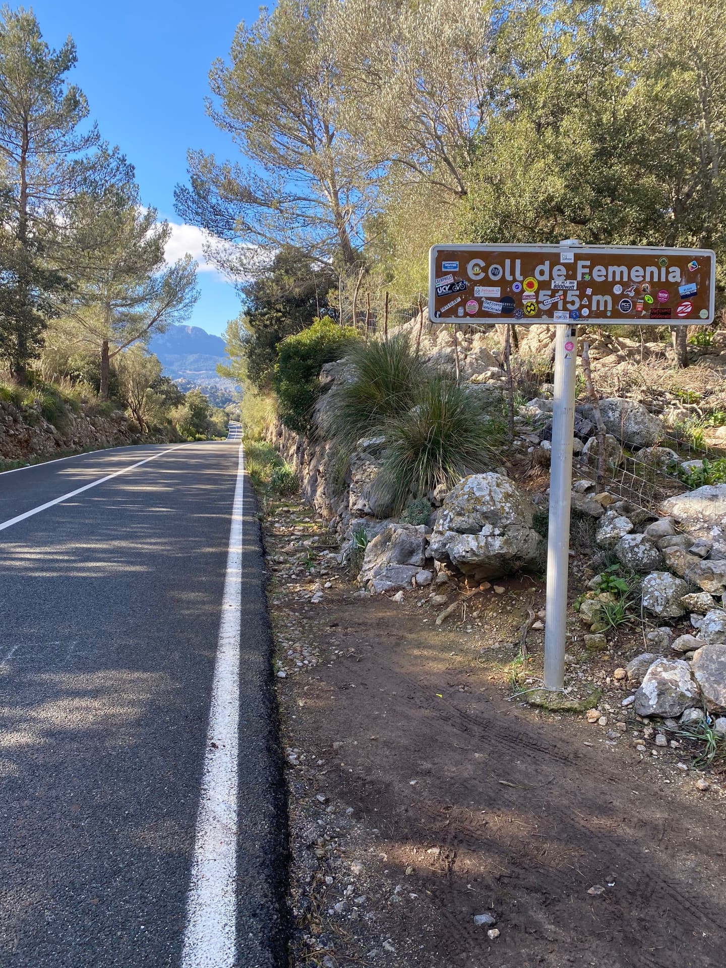 View of the Coll de Femenia road sign at 515 meters elevation, with the winding road surrounded by trees and rocky terrain under a blue sky.