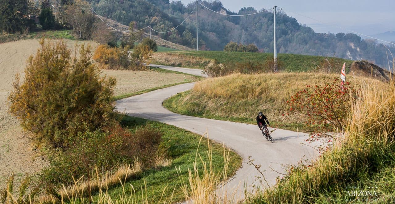 Cyclist descending curvy road through green countryside hills