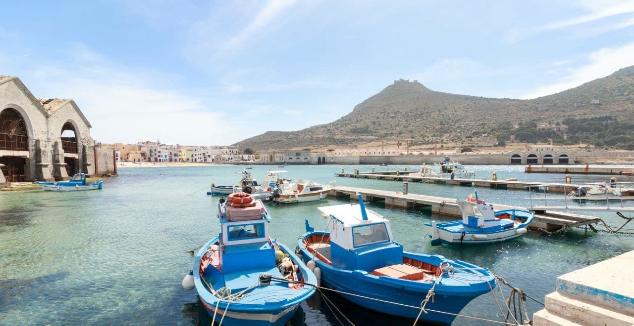 Colourful fishing boats docked in a clear, calm harbour with mountains in the background.