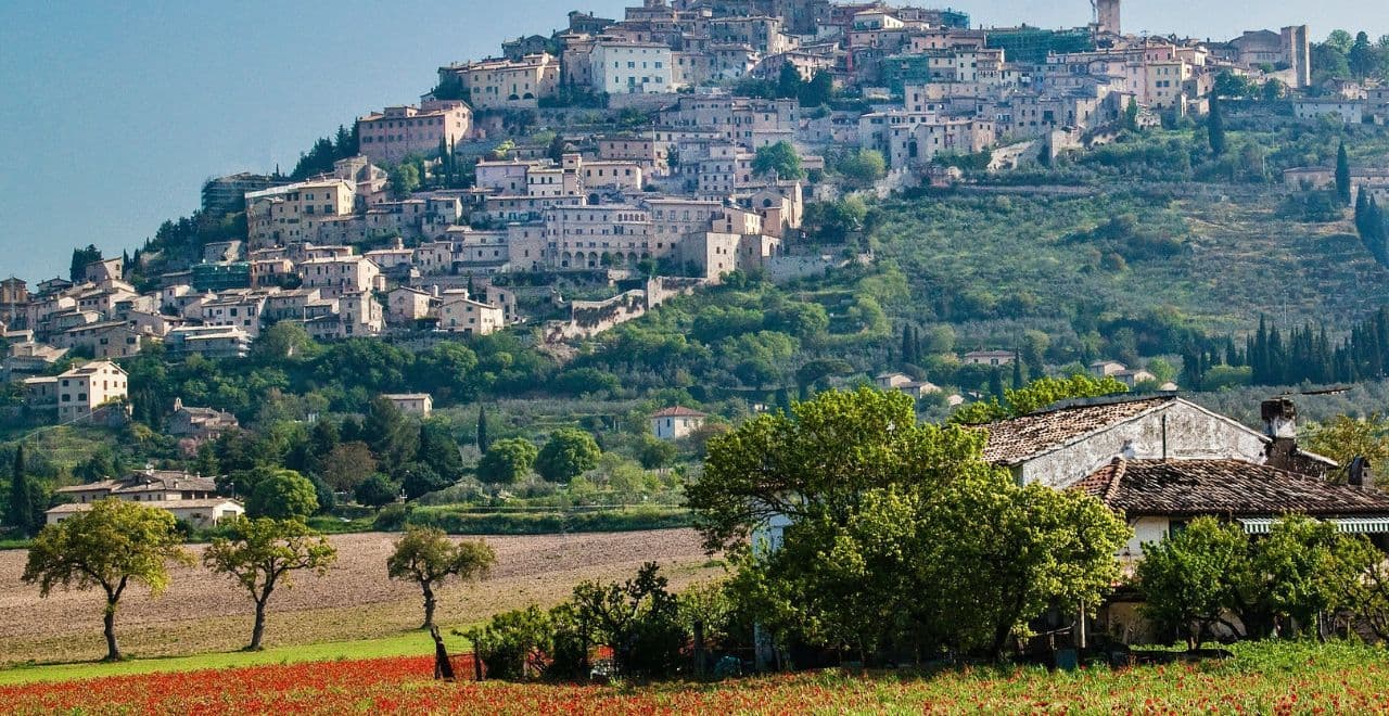 hillside town with poppyfield in foreground