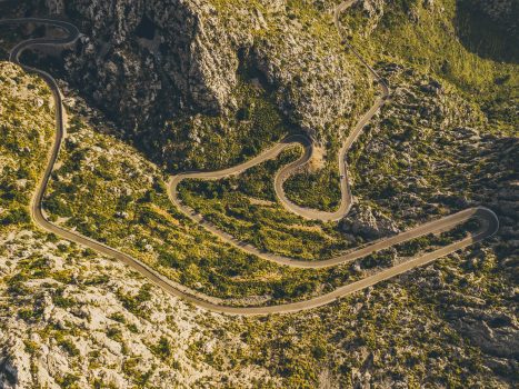 Aerial view of Sa Calobra switchback roads in Mallorca