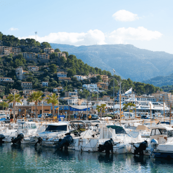View of Port Soller in the foreground with the Tramuntana mountains in the background