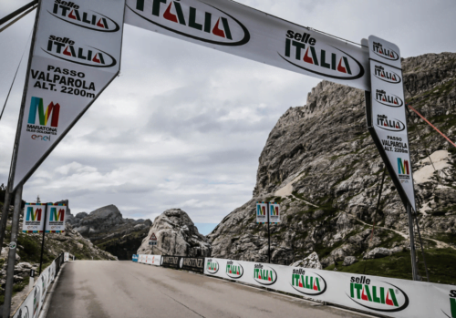 The Passo Valparola banner at the top of the Valparola pass on the Maratona dles Dolomites